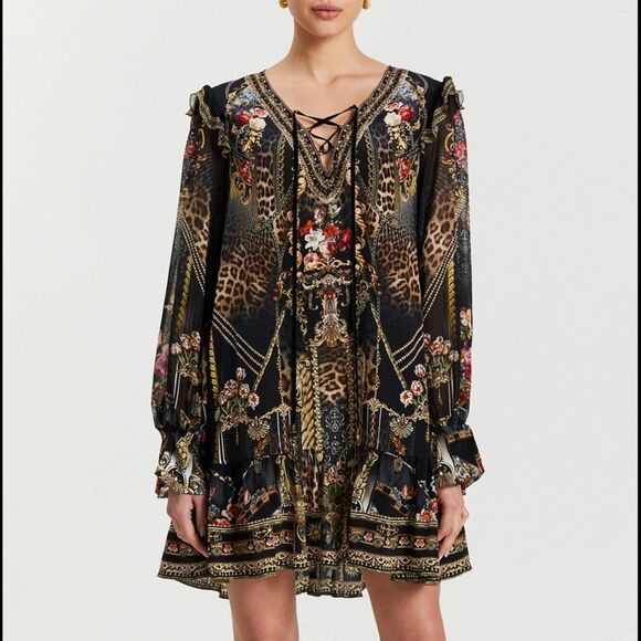 NWT Camilla Ruffle Lace Up Dress Gothic Goddess Silk Mini Dress Medium - Picture 1 of 12